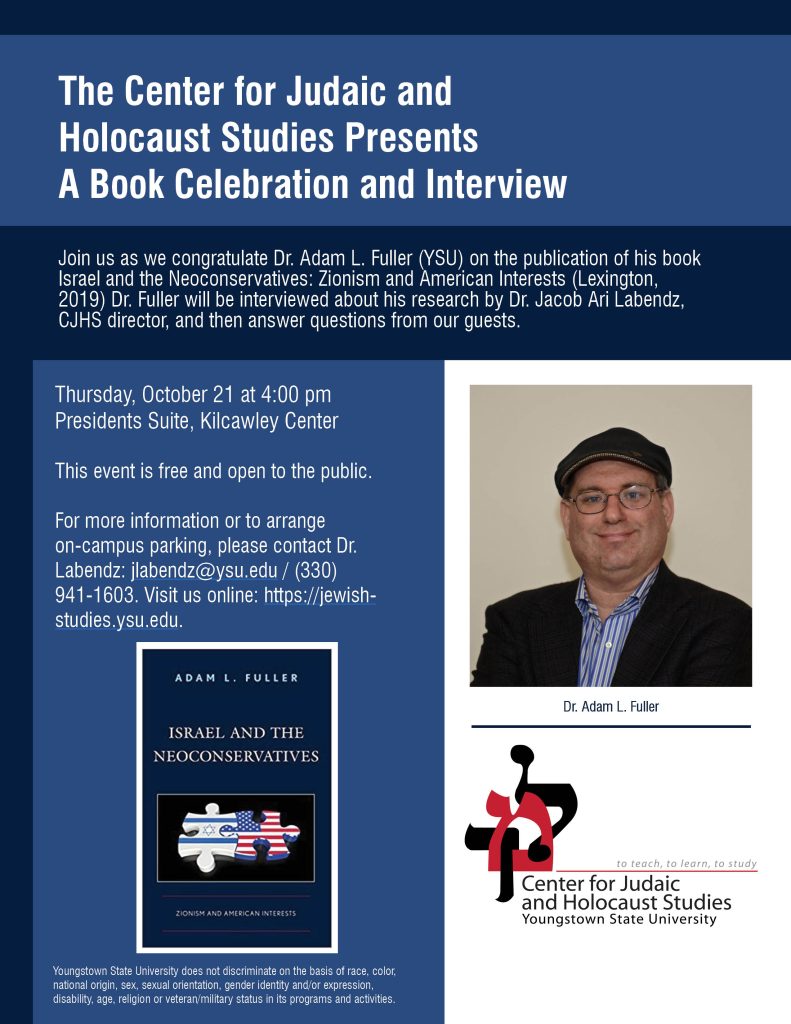 Flyer for Adam Fuller's Book Celebration. 

Full text available here: http://jewishstudies.ysu.edu/?page_id=763
